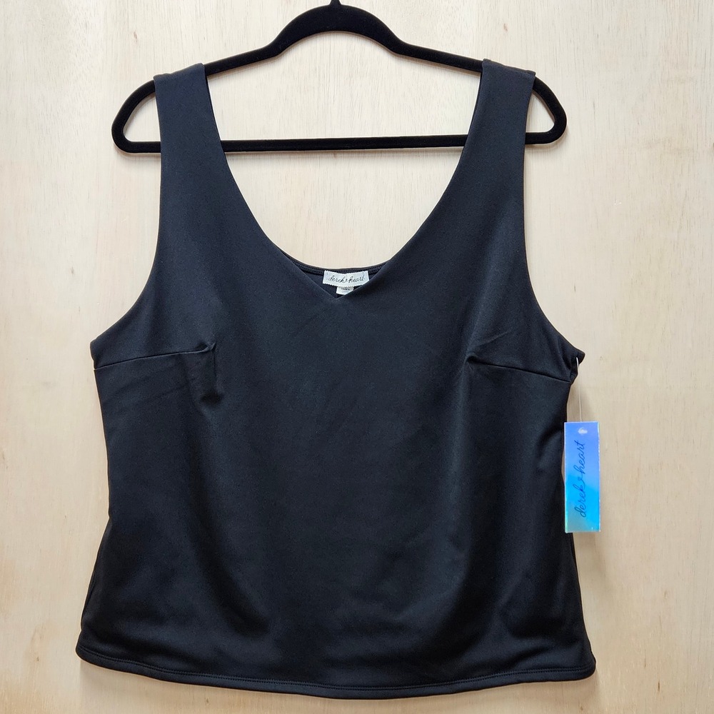 NWT Black Derek Heart V-Neck Silky Stretch Satin Tank‎ Top Size 2X